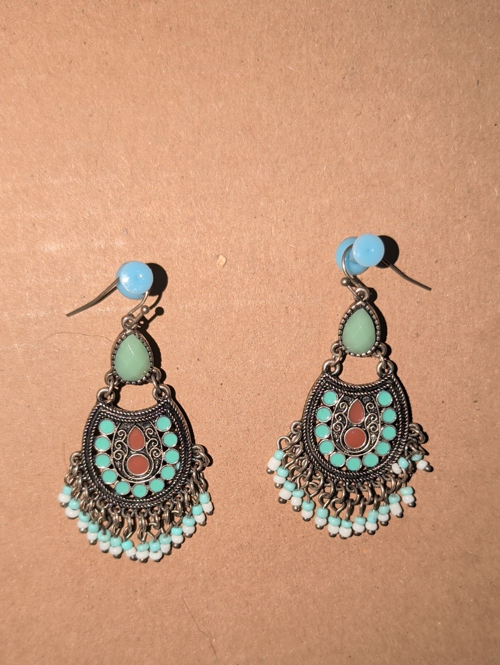 Boho Teardrop Dangle Earrings in Mint Green and Turquoise